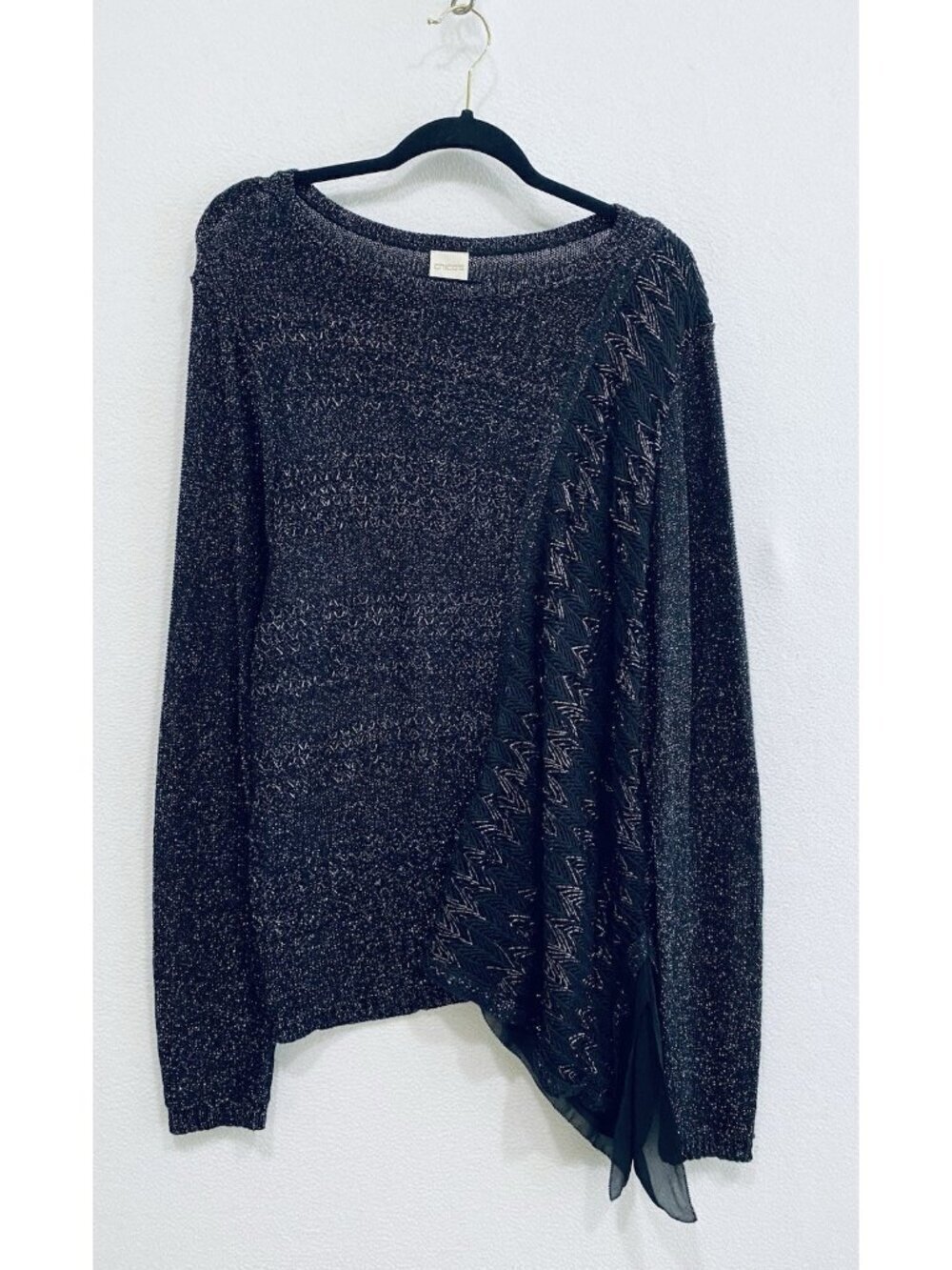 Chicos Sweater Womens XXL Black Woven Mixed Pullover Asymmetric Hem Whimsigoth